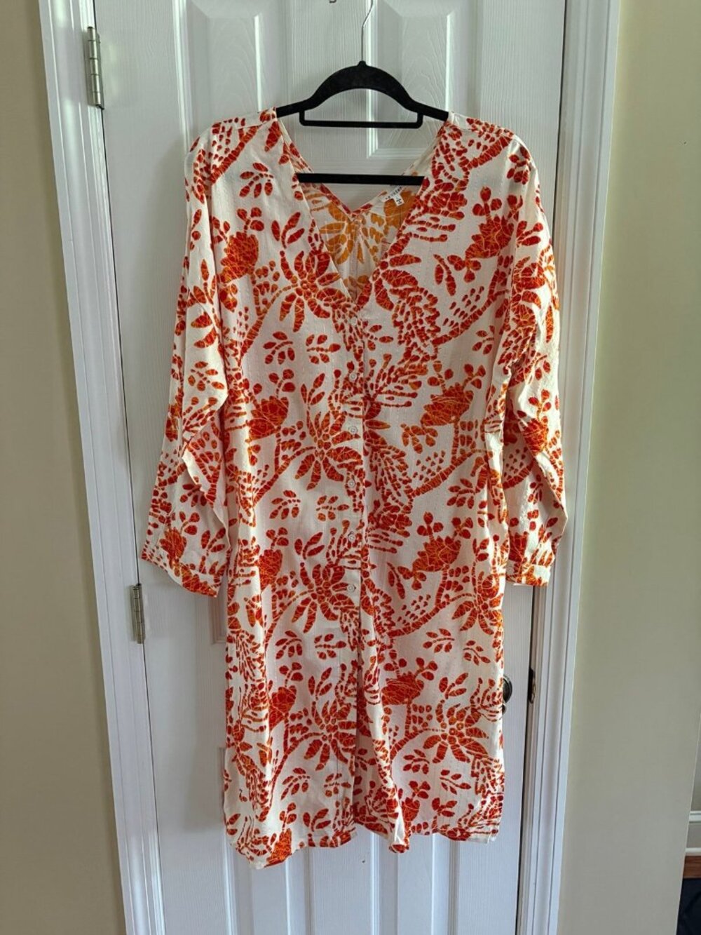 En Crème Women's Orange Floral Print V-Neck Long Sleeve Cover-Up Dress NEW